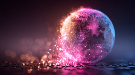 This captivating abstract image features a glowing globe made of puzzle pieces, showcasing connectivity and unity through vibrant colors and dynamic light effects.の素材