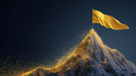 A striking image of a golden flag fluttering atop a mountain peak, surrounded by shimmering particles in a dark sky, symbolizing triumph and adventure.の素材