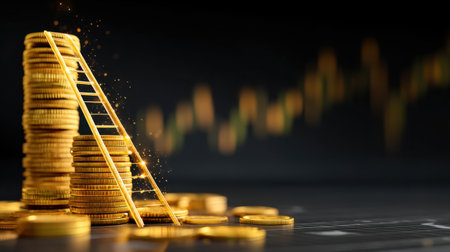 A visually striking image illustrating stacked golden coins with a ladder, symbolizing the pathway to financial success, investment growth, and economic achievement.の素材