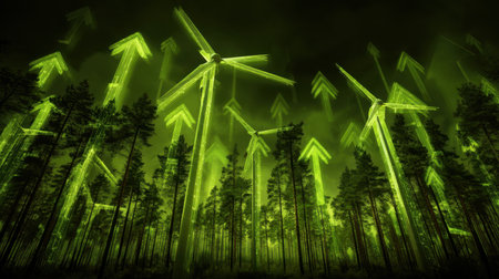 A striking image of wind turbines amidst tall trees in a futuristic landscape, enhanced with floating arrows symbolizing growth in renewable energy and sustainability.の素材