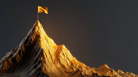 A striking representation of ambition and success, this gold mountain peak showcases a flag waving triumphantly at sunrise, set against a dark background for dramatic impact.の素材