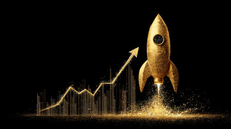 This image depicts a golden rocket symbolizing financial growth, launching upward alongside a rising graph. It represents ambition, success, and the pursuit of dreams in the business realm.の素材