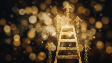 A shimmering ladder with golden arrows pointing upwards, set against a mesmerizing bokeh background of soft golden lights, representing growth, success, and opportunity.の素材