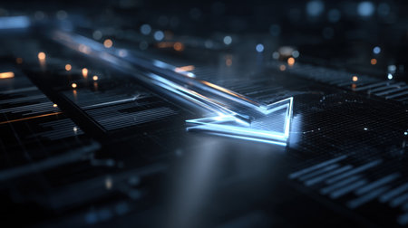 This image showcases a futuristic digital arrow design with glowing effects, set against a technology-inspired background that features intricate circuit patterns.の素材