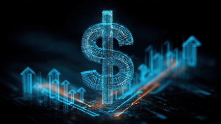 This image showcases a digital dollar sign surrounded by an upward trend graph, symbolizing growth and innovation in finance and technology sectors.の素材