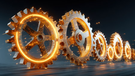 A captivating digital artwork featuring a row of glowing gears in motion, symbolizing technology and progress in an industrial landscape. Perfect for themed projects.の素材