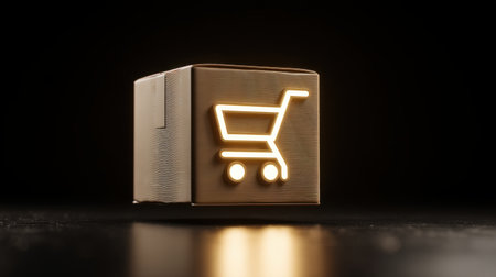 A cardboard box featuring an illuminated shopping cart icon, set against a dark background, represents contemporary online shopping and e-commerce trends for businesses.の素材