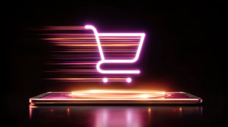Dynamic neon shopping cart graphic illustrating fast online shopping. The vibrant colors and motion effects evoke a sense of speed and modern digital experience.の素材