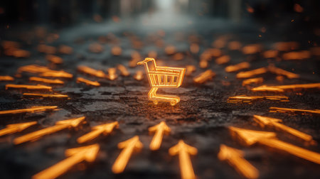 A neon shopping cart illuminated by arrows represents the digital retail landscape. The artwork emphasizes directionality, consumer choices, and modern shopping behaviors.の素材