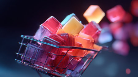 A vibrant arrangement of colorful gelatin cubes in a steel shopping basket, showcasing a playful and eye-catching food concept with bright lighting and modern appeal.の素材
