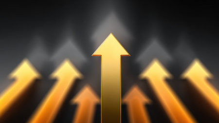 This striking image features a golden arrow pointing upward against a gradient background. It represents success, growth, and motivation, ideal for business or finance themes.の素材