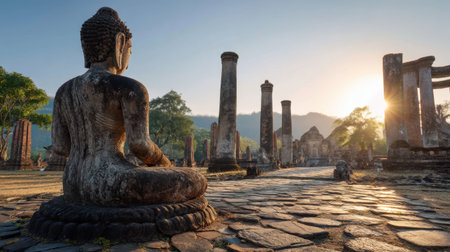 A tranquil scene featuring a Buddha statue overlooking ancient ruins at sunrise. Soft light enhances the historical artistry, creating a serene atmosphere ideal for reflection.の素材