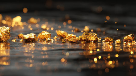 Stunning close-up of golden flakes scattered on a dark surface, showcasing their brilliant shine and rich texture, creating an elegant and luxurious visual effect.の素材
