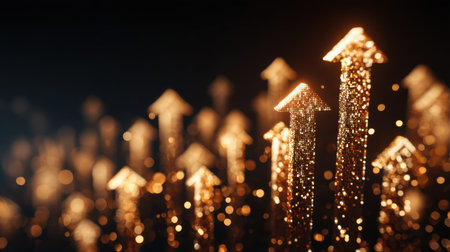 This captivating image features golden arrows pointed upward, surrounded by shimmering particles, symbolizing growth, success, and the pursuit of goals in a visually striking way.の素材