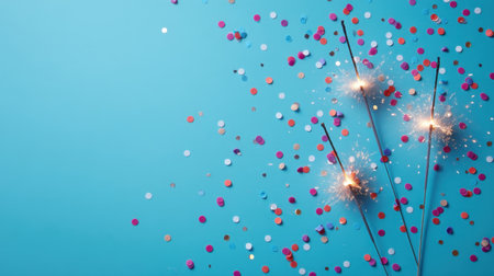 A vibrant and colorful celebration scene featuring sparkling sparklers surrounded by scattered confetti on a bright blue background, perfect for joyful events and parties.の素材