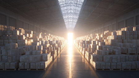 A stunning view of a spacious warehouse interior illuminated by warm sunlight pouring through an open doorway. The scene captures long aisles of neatly stacked boxes, showcasing organized storage solutions.の素材