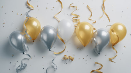 This image features an array of colorful balloons in silver, gold, and white, perfect for any joyful celebration or special event, accompanied by elegant streamers.の素材