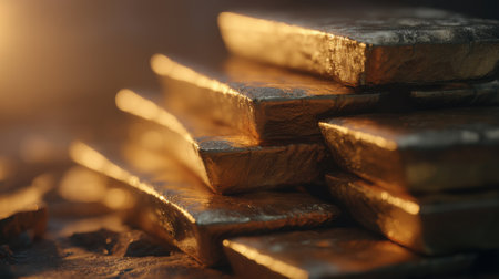 A close-up view of beautifully stacked gold bars, radiating a warm glow. This stunning image captures the essence of wealth and luxury in a tranquil setting, making it perfect for finance-related themes.の素材