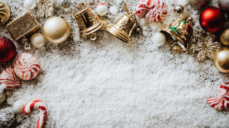 A joyful Christmas arrangement featuring candy canes, shiny ornaments, and decorative bells set against a snowy white background, perfect for holiday-themed projects.の素材