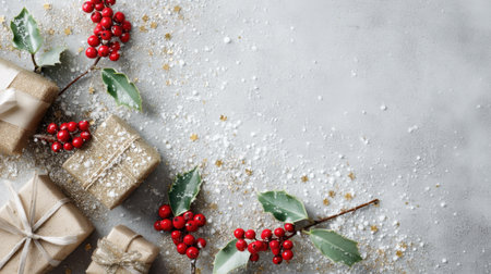 Capture the essence of the holiday spirit with this beautiful arrangement of wrapped gifts, red berries, and holly leaves, perfect for festive celebrations.の素材