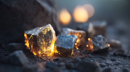 Beautiful close-up of sparkling crystals scattered on rough terrain, illuminated by soft light. The unique textures and warm colors create a serene and mystical atmosphere.の素材