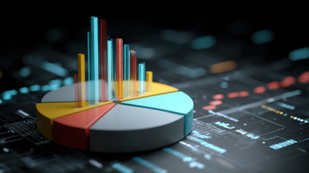 A vibrant 3D pie chart sits against a sleek digital background, symbolizing data analysis and representing crucial business trends and financial insights in a modern setting.の素材