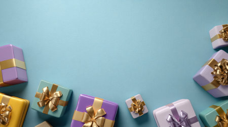 A visually appealing arrangement of colorful gift boxes wrapped in shimmering ribbons on a soft blue background, perfect for portraying excitement and joy.の素材