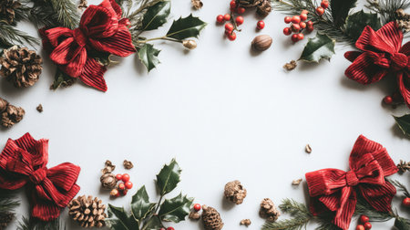 Celebrate the holiday spirit with this elegant Christmas frame featuring red bows, pine cones, holly leaves, and festive berries. Perfect for cards and decorations.の素材