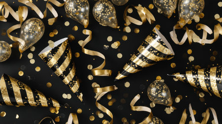 Vibrant and festive background featuring golden party hats, balloons, confetti, and streamers against a sleek black surface, perfect for event themes and celebration designs.の素材