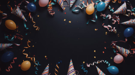 This vibrant image captures a festive arrangement of party hats, balloons, and colorful streamers set against a dark surface, ideal for celebration-themed projects.の素材
