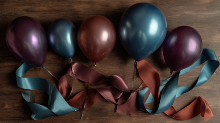 Vibrant balloons in rich colors, accompanied by elegant satin ribbons, create a festive atmosphere. Perfect for party decorations and special events, enhancing joy.の素材