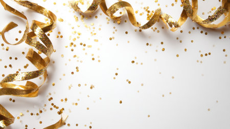 Embrace the festive spirit with this beautiful gold foil confetti and streamers on a clean white background. Perfect for enhancing celebrations and events.の素材