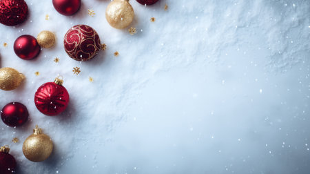 Colorful Christmas ornaments in red and gold scattered on a white snowy background create a magical holiday atmosphere, perfect for festive celebrations or seasonal displays.の素材