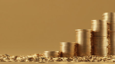 This image showcases a visually appealing arrangement of golden coins, symbolizing financial growth and stability. The smooth gold background enhances the luxurious feel.の素材