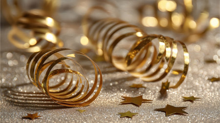 A stunning arrangement of shiny gold curling ribbons intertwined with sparkly stars against a shimmering backdrop creates a perfect festive atmosphere for celebrations.の素材