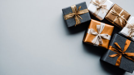 A collection of beautifully wrapped gift boxes featuring elegant ribbons, perfect for various celebrations. Ideal for holiday, birthday, and special occasion themes.の素材