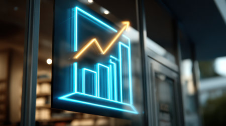 A vibrant neon sign depicting a financial growth chart captures the essence of business success with an upward trend. Ideal for marketing and finance themes.の素材