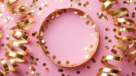 This vibrant image features a circle of golden confetti and spirals on a pink background, perfect for festive occasions and party celebrations that require a cheerful touch.の素材