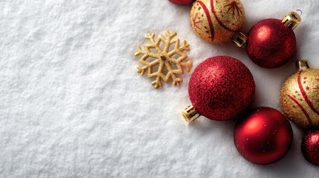 A beautiful arrangement of red and gold ornaments alongside a snowflake, resting on a soft white background, perfect for evoking holiday joy and festive spirit.の素材