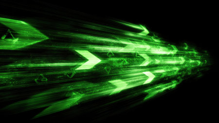 Stunning abstract image featuring green light trails with arrow shapes, conveying speed and energy. Ideal for use in digital projects, technology themes, or creative designs.の素材