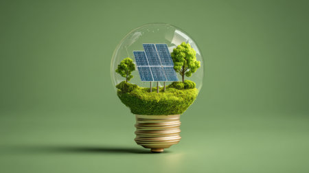 A creative light bulb design showcases solar panels and greenery, representing the harmony between technology and nature, promoting a sustainable and eco-friendly future.の素材