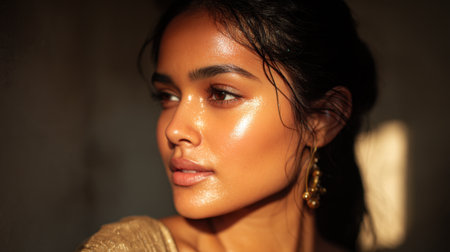 This stunning portrait captures a young woman with glowing skin and elegant earrings, illuminated by soft light, highlighting her natural beauty and serene expression.の素材