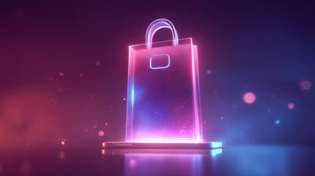 This vibrant digital shopping bag features a neon glow, representing modern e-commerce and secure payment technology in a creative, futuristic setting ideal for marketing.の素材