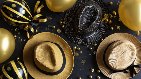 Create a lively party atmosphere with elegant gold balloons, decorative confetti, and stylish hats, perfect for any celebration or festive gathering.の素材