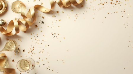 This elegant background features champagne glasses, golden ribbons, and sparkling stars, perfect for creating a joyful and festive atmosphere for any celebration.の素材