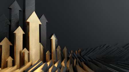 This abstract image features golden arrows ascending against a dark background, symbolizing growth and success in business and personal endeavors. Perfect for inspiring innovation.の素材