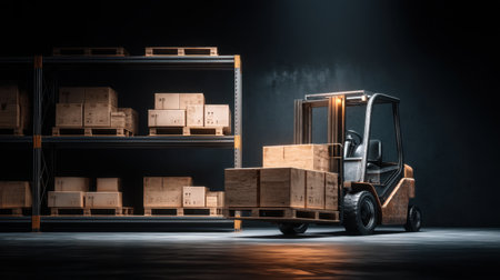 A warehouse scene featuring a forklift moving wooden crates in a dark storage area. This image captures the essence of industrial logistics and efficient inventory practices.の素材
