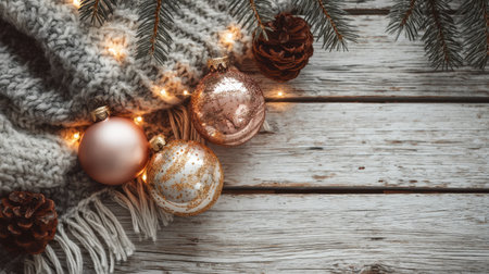 Capture the essence of Christmas with a cozy decoration featuring delicate ornaments, pinecones, and a knitted scarf set against a rustic wooden background.の素材