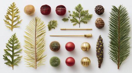 A beautifully arranged flat lay of various festive elements, including leaves, ornaments, and pine cones. Perfect for holiday themes, creative projects, and seasonal inspiration.の素材