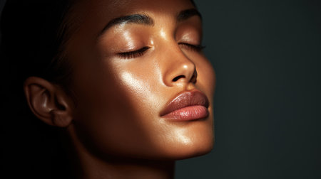 A beautiful portrait of a woman with a captivating glow and smooth skin, evoking a sense of tranquility and natural beauty in a serene, softly lit environment.の素材